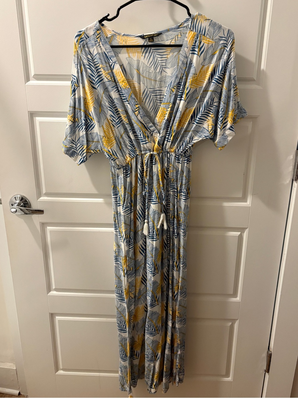 Wrap-Front Maxi Dress in Blue and Yellow Leaf Print